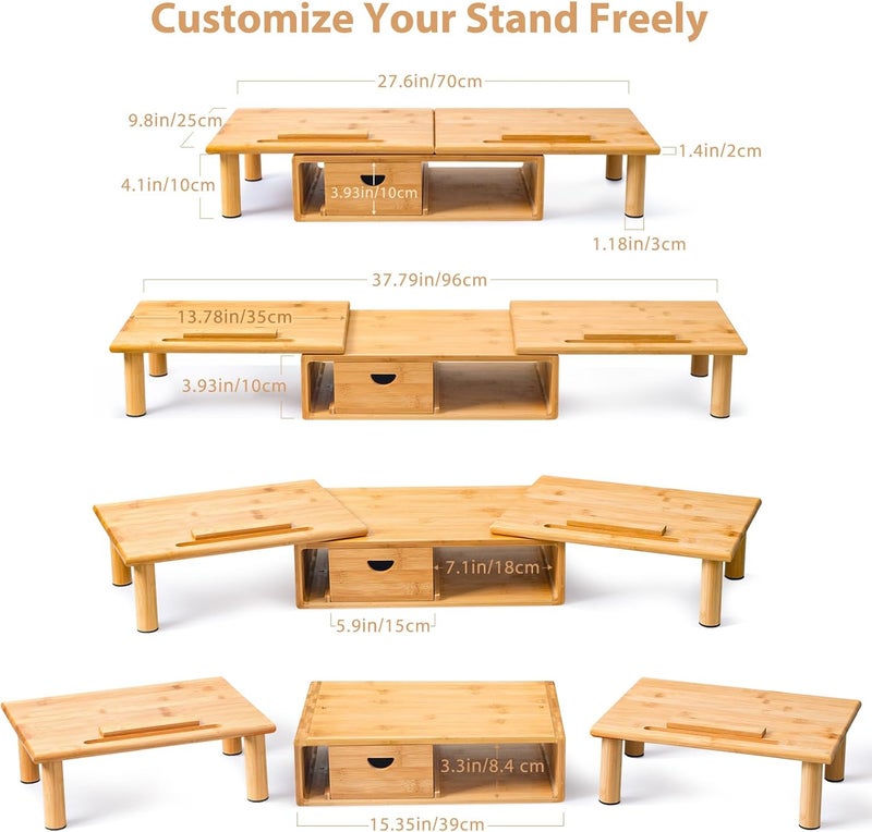 ROCDEER Dual Monitor Stand Riser with Drawer for Desk Laptop Desk Shelf with Adjustable Length and Angle, Bamboo Computer Stand Riser for 2 or 3 Monitors Screen Laptop PC TV -Natural - Image 5
